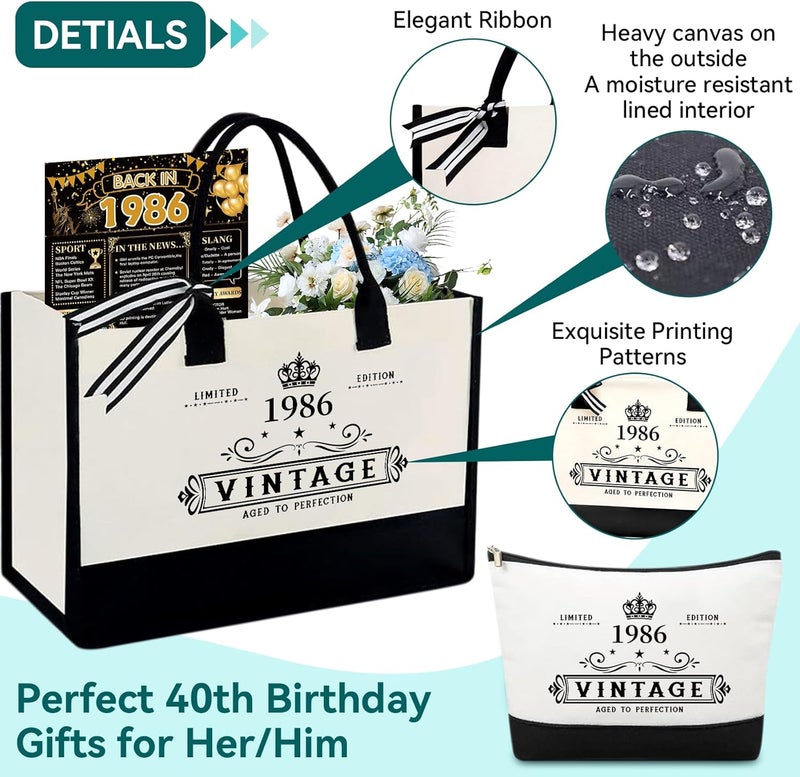 TrophyToast 40th Birthday Gifts for Women Her- 4 pcs, Turning 40 Year Old Gifts, Birthday Decorations Canvas Beach Tote Bag & Makeup Bag, Unique Happy 40th Present for Her Mom Wife Friends - Image 3